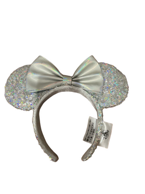 Disney Parks Silver Sequin Minnie Ears Headband with Holographic Bow